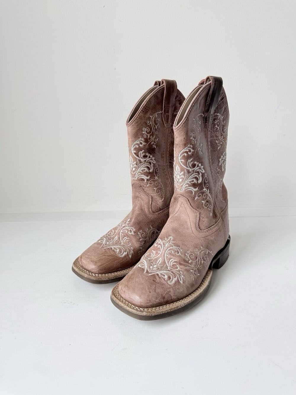 Old West Kids Size 1 D Light Brown Pink Undertone Cowboy Boots